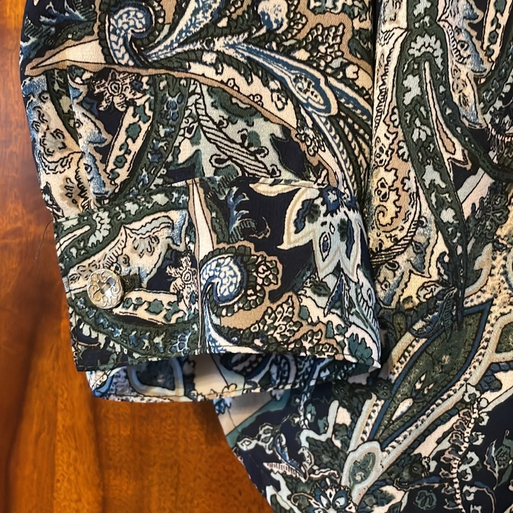 Roz & Ali 1X Paisley Button Down Blouse Blue Green Boho Flowy Women Plus Top - Picture 11 of 14